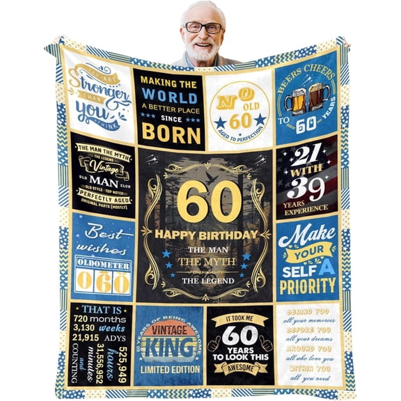 60th Birthday Blanket, Best Gifts For 60 Year Old Men, Happy 60th Birthday Gift Ideas, Unique Mens Throw Blanket Decorations Gifts For Birthday Anniversary Christmas, Warm Flannel Blankets 50x60