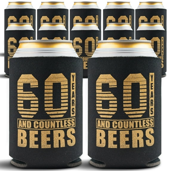 60th Birthday Can Coolers Party Decorations and Gifts, Gold Print 12-Pack