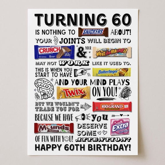 60th Birthday Candy Poster Printable, Born In 1965 Last Minute Candy Gram Card, Candy Bar Sign Party Decorations,, Unframed Paper Poster 8x10in