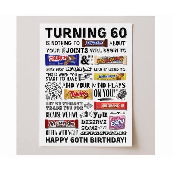 60th Birthday Candy Sign Party Decor Wall Poster, Unframed Paper Poster 8x10in
