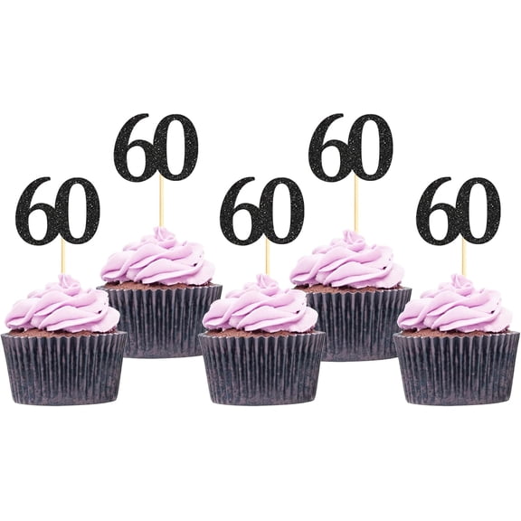 60th Birthday Cupcake Toppers, Black Glitter, 60 Anniversary Party Decorations, 12 Pack