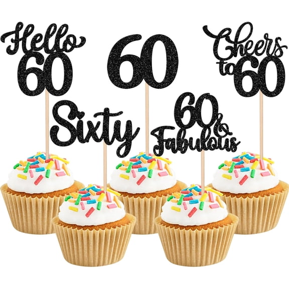 60th Birthday Cupcake Toppers - Black Glitter Hello 60 Cheers to 60 Sixty & Fabulous Cupcake Picks for 60th Birthday Party Decorations, Pack of 10