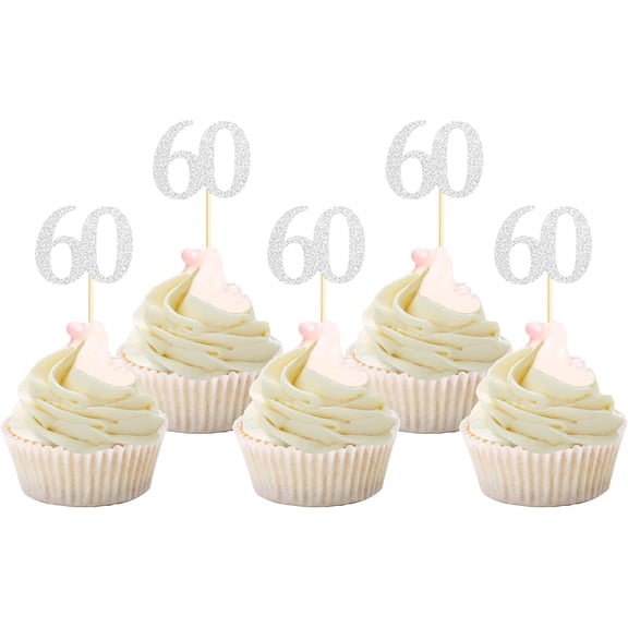 60th Birthday Cupcake Toppers, Silver Glitter, 12 Pack, Anniversary Party Decorations