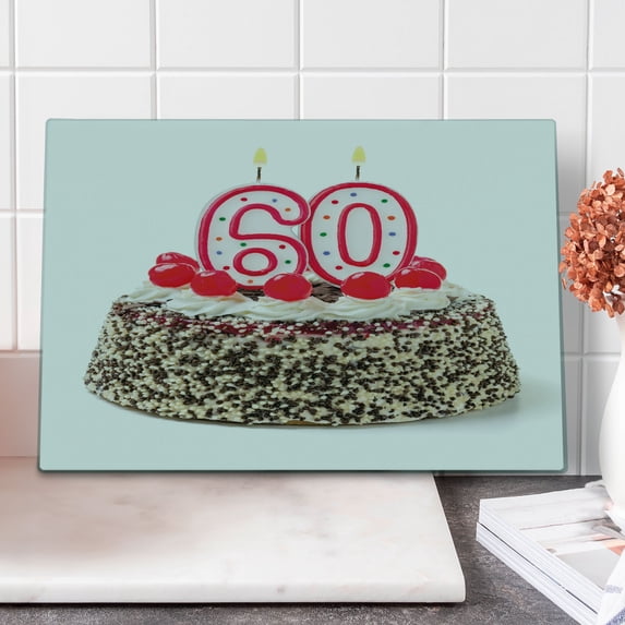 60th Birthday Cutting Board, Happy Party Cake with Candles Cherries and Tasty Sprinkles Image Photo, Decorative Tempered Glass Cutting and Serving Board, Large Size, Multicolor, by Ambesonne