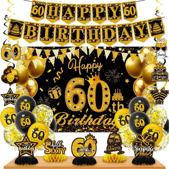 60th Birthday Decoration Kit for Men Women, Black Gold Happy 60th Bday Banner Balloons Honeycomb Centerpiece Swirl Party Supplies, 60th Bday Sash Table Cake Topper Swirls Set