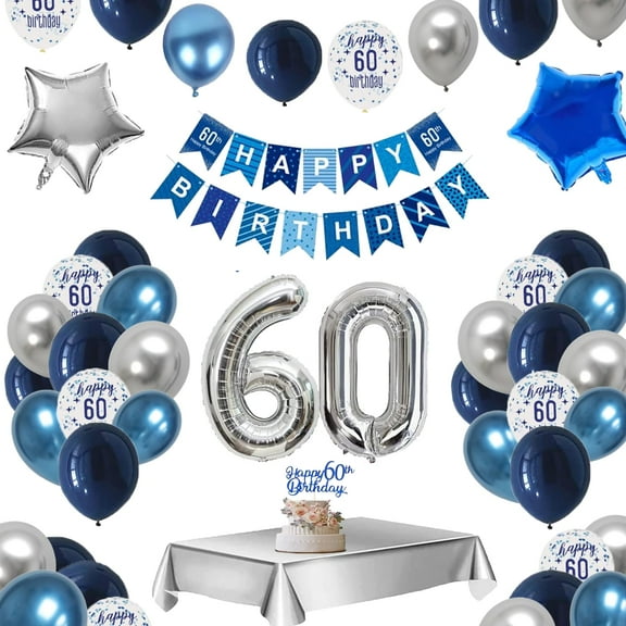 60th Birthday Decoration, Navy Blue Silver Balloons for Woman Man, Birthday Party Decor for Adult