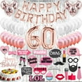 thumbnail image 1 of 60th Birthday Decoration Rose Gold with Silver Curtain, 60 Party Supplies, 60th Sash, 60 Cake Topper, 60th Photo Props, Confetti Balloons, 1 of 4