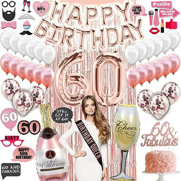 60th Birthday Decorations, 60 Birthday Party Supplies| 60 Cake Topper Rose Gold| Banner| Rose Gold Confetti Balloons for her| Si