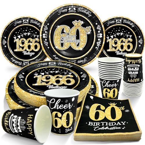 60th Birthday Decorations Black and Gold, Serves 30, Vintage 1966 Party Supplies Set Includes Plates, Napkins, Cups for Men and Women