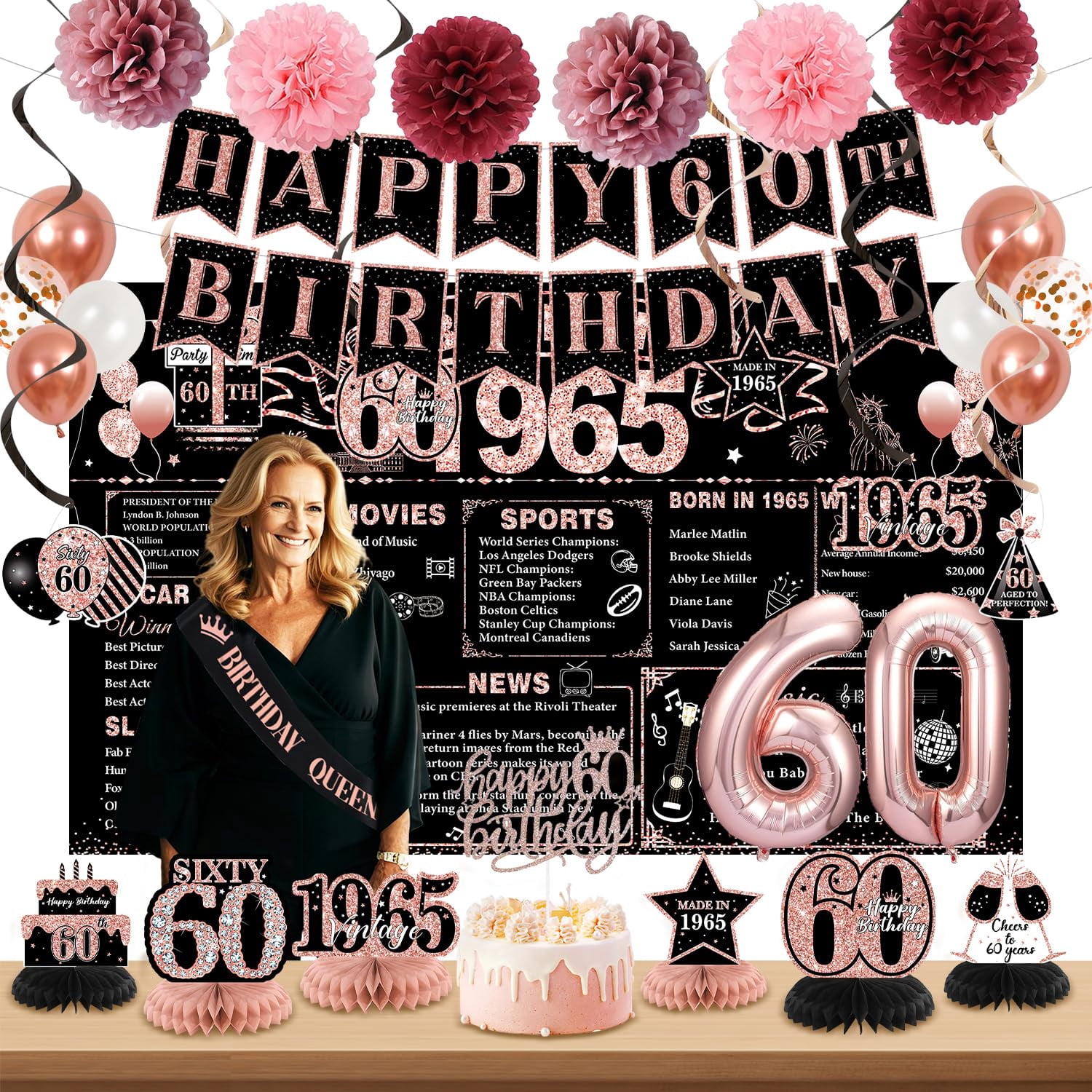 60. Geburtstag Dekoration Set Für Frauen – Rose Gold & Schwarz, Inkl. Banner, Ballons & Deko