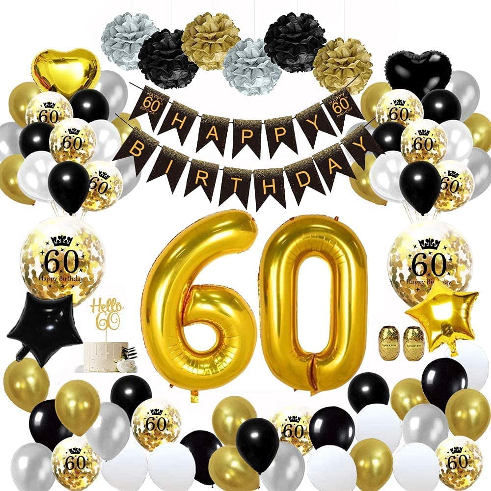 60th Birthday Decorations for Men Women, Black Gold Party Decorations Supplies Balloon Garland Arch Kit with Happy Birthday Banner Tassels Confetti Balloon Number 60 Birthday Wedding Anniversary