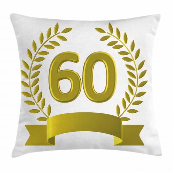 60th Birthday Decorations Throw Pillow Cushion Cover, Golden Age Party with Rome Empire Theme Branches Art Print, Decorative Square Accent Pillow Case, 18 X 18 Inches, Gold and White, by Ambesonne