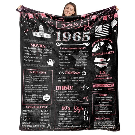60th Birthday Decorations for Women 60th Birthday Gifts for Mom Aunt Friends, Back in 1965 Unique 60 Year Old Birthday Pink Blanket for Her, Soft Comfortable Blanket 60"x80"