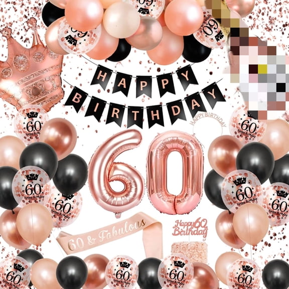 60th Birthday Decorations for Women, Rose Gold Balloons Set with Balloons Happy 60th Birthday Banner Sash Tiara Confetti Balloons, 60 Birthday Party Decor
