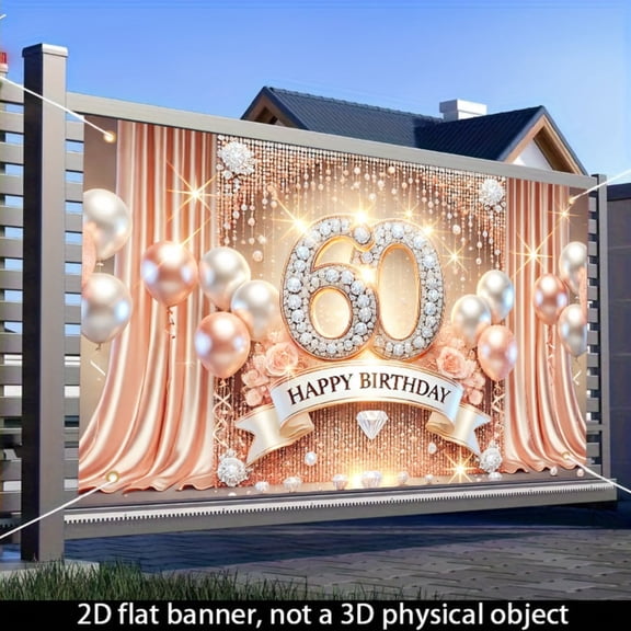 [60th Birthday Diamond Decoration] Rose gold diamond 60th Birthday decoration: 1 2D flat polyester banner background cloth, 70.8x43.3 inches, suitable for indoor and outdoor birthday parties, senior