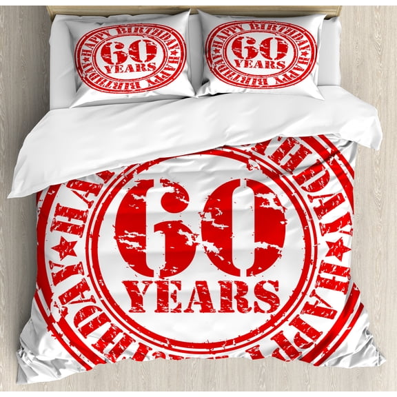 60th Birthday Duvet Cover Set, Abstract Grunge Style Happy 60 Party Theme Retro Stamp Slogan Print, Decorative 3 Piece Bedding Set with 2 Pillow Shams, King Size, White Red, by Ambesonne