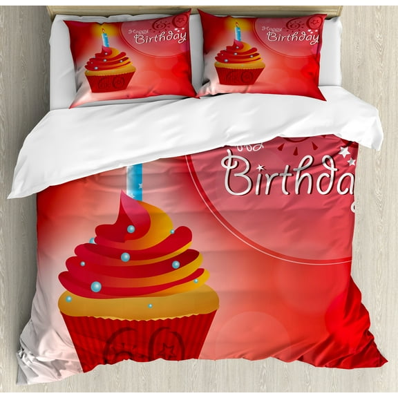 60th Birthday Duvet Cover Set, Abstract Sun Beams Backdrop Party Theme Cupcake with Frosting Image, Decorative 3 Piece Bedding Set with 2 Pillow Shams, King Size, Ruby Red and Orange, by Ambesonne