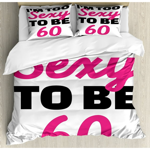 60th Birthday Duvet Cover Set, Hot Party Theme Funny Themed Being 60 Years Old Hand Written Words, Decorative 3 Piece Bedding Set with 2 Pillow Shams, Queen Size, Hot Pink and Black, by Ambesonne