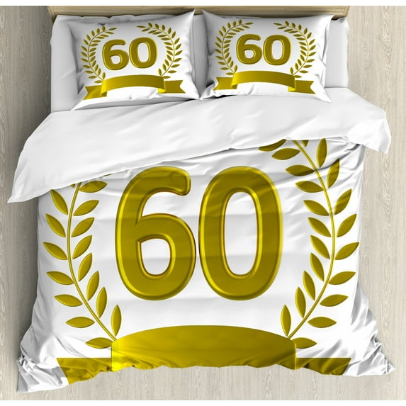 60th Birthday Duvet Cover Set, Golden Age Themed Party with Roman Empire Theme Branches Print, Decorative 3 Piece Bedding Set with 2 Pillow Shams, King Size, Olive Green Yellow, by Ambesonne