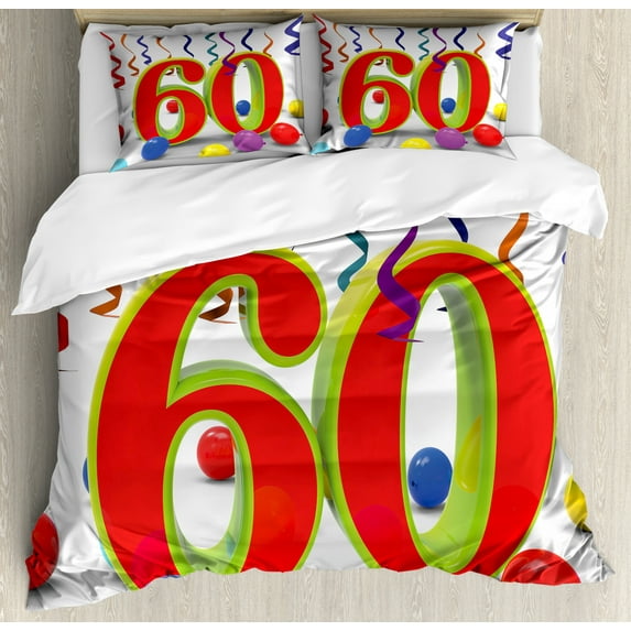 60th Birthday Duvet Cover Set King Size, Party Confetti Swirls with the Baloons Ribbons and Green Orange 60 Number, Decorative 3 Piece Bedding Set with 2 Pillow Shams, Multicolor, by Ambesonne