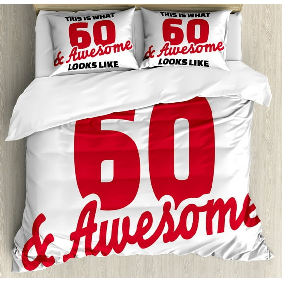 60th Birthday Duvet Cover Set, Birthday Party Words 60 Years Old Image, Decorative 3 Piece Bedding Set with 2 Pillow Shams, Queen Size, Red Black and White, by Ambesonne