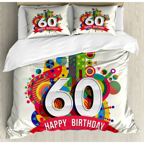 60th Birthday Duvet Cover Set Queen Size, Modern Geometric Style Fairytale Theme Castle and Boat Sixty Party Image, Decorative 3 Piece Bedding Set with 2 Pillow Shams, Multicolor, by Ambesonne