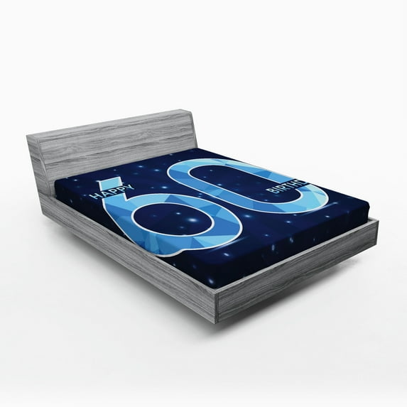 60th Birthday Fitted Sheet, Space Theme Stage with Star Like Abstract Details Print, Soft Decorative Fabric Bedding, Full Size, Navy Blue and Sky Blue, by Ambesonne