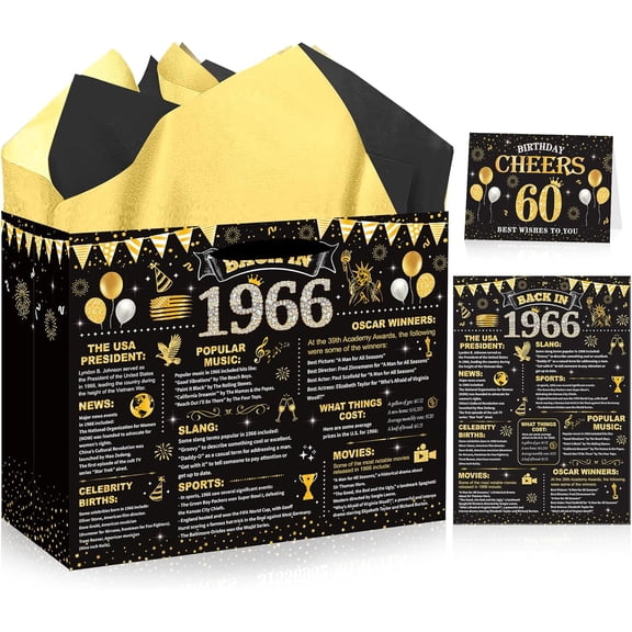 60th Birthday Gift Bags for Men Women, Back in 1966 Gift Bag with Tissue Paper, Poster and Greeting Card, Black Gold Wrapping Paper for 60 Year Old Birthday Decorations