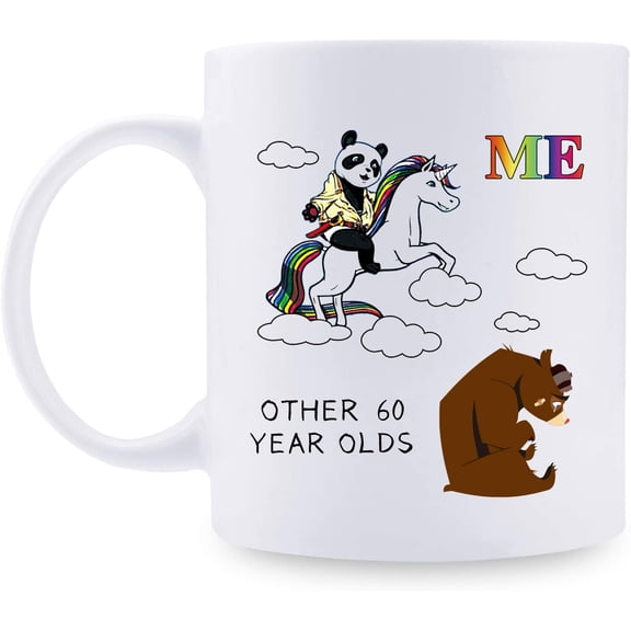 60th Birthday Gifts for Men - Panda Riding Unicorn Pandicorn Mug - 60 Year Old Men Gift Ideas for Dad, Husband, Son, Brother, Friend, Classmate, Colleague - 11 oz Funny Ceramic Coffee Tea Cocoa Mug