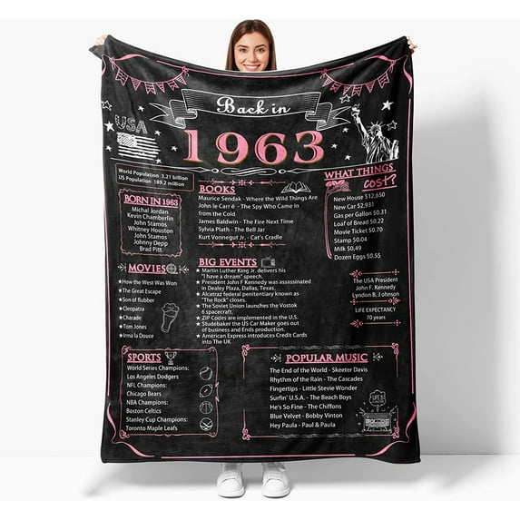60th Birthday Gifts for Women,1963 Birthday Gifts for Women,60th Birthday Blanket for Women,60th Anniversary Blanket,60th Wedding, Back in 1963 Blankets Pink 80x60