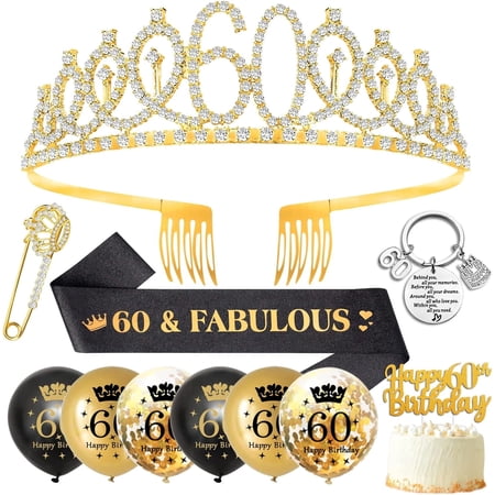 60th Birthday Gifts for Women, 60th Birthday Decorations 60th Birthday Sash and Tiara,Tiara Rhinestone Crown,Glitter Sash,60th Birthday Balloons,Cake Topper,Crown Pin,Keyring for Happy 60 Party Favor