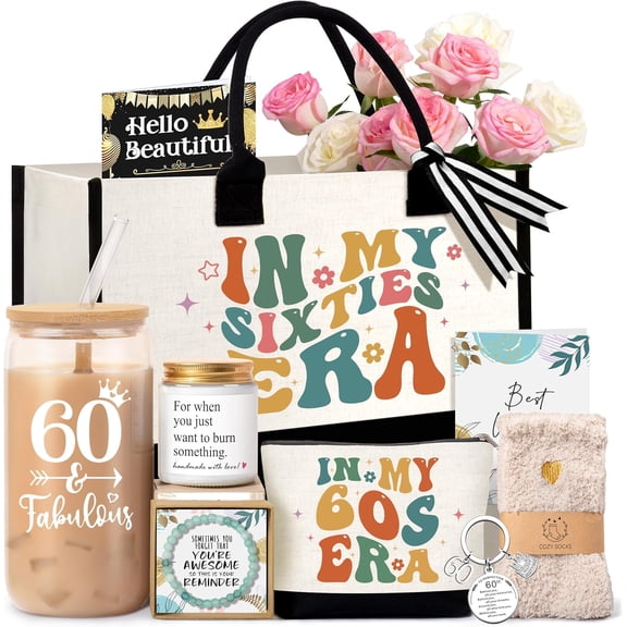 60th Birthday Gifts for Her Women, Gifts for 60 Year Old Woman,  60th Birthday Ideas with Canvas Tote Bag Glass Cup Candle  Basket, Presents for Mom Sister  Wife Grandma Coworkers