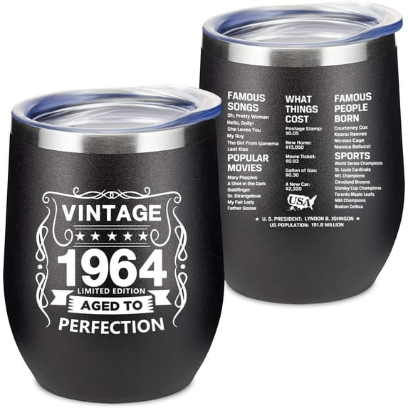 60th Birthday Gifts for Women and Men - 1964 60th Birthday Decorations - 12 Oz Insulated Stainless Steel Wine Tumbler with Lid for Her Wife Mom Grandma Aunt Friend, Black