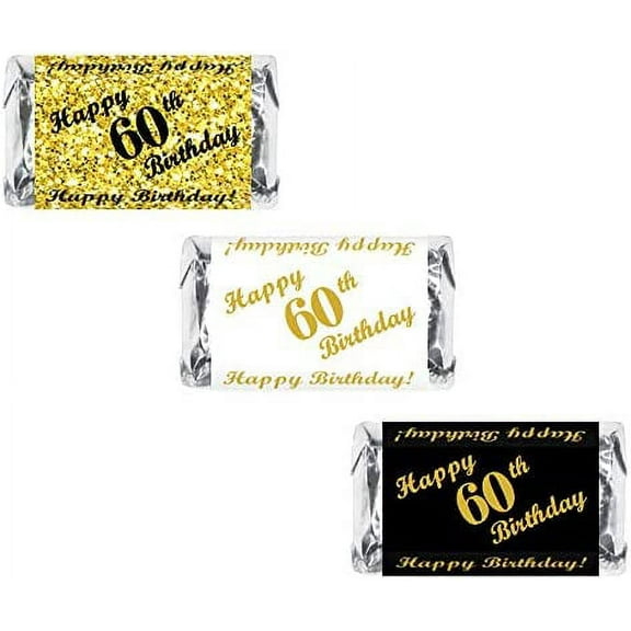 60th Birthday Miniatures Candy Bar Wrapper, (Set of 60) Mini Candy Bar Stickers; 3 Designs: 24 Gold, 24 Black, 12 White, Candy Not Included