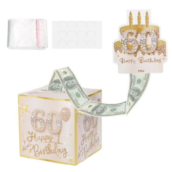 60th Birthday Money Box for Cash Gift, Birthday Money Pull Box with 100pcs Transparent Bags for Birthday Surprise Card Party Decorations Women Girl Best Friend, Pink Gold