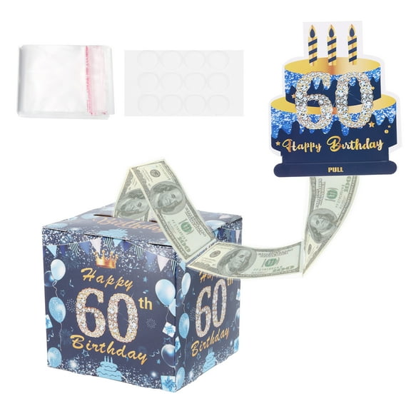 60th Birthday Money Box for Cash Gift, Birthday Money Pull Box with 100pcs Transparent Bags for Birthday Surprise Card Party Decorations Women Girl Men Boy Best Friend, Blue