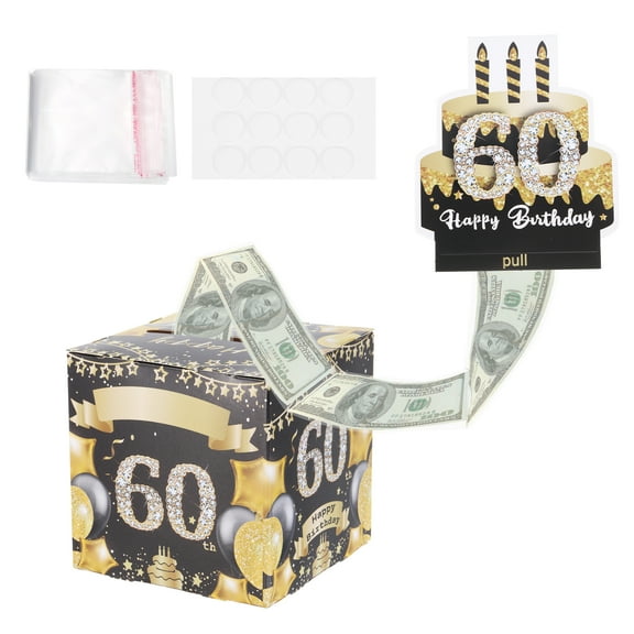 60th Birthday Money Box for Cash Gift, Birthday Money Pull Box with 100pcs Transparent Bags for Birthday Surprise Card Party Decorations Women Girl Men Boy Best Friend, Black Gold