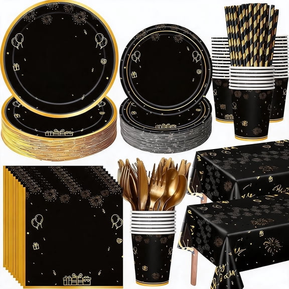 60th Birthday Party Decoration Supplies Black and Gold Disposable Tableware Set