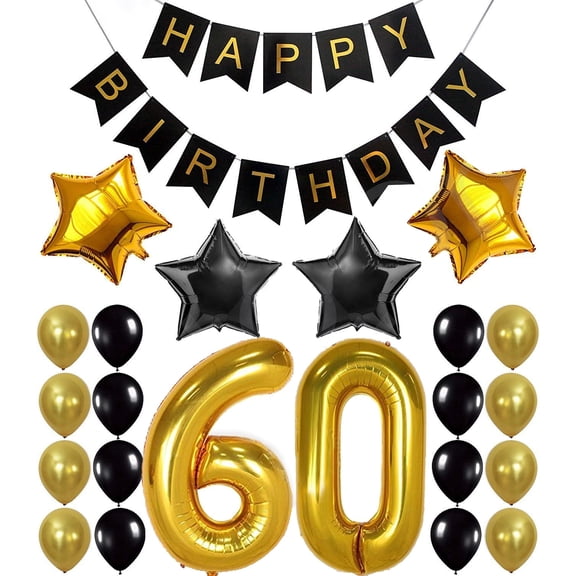 60th Birthday Party Decorations Kit  Large, Pack of 26 | Number 5 and 0 Balloons | Black Happy Birthday Banner | Ideal for 50 Years Old Celebration Dcor