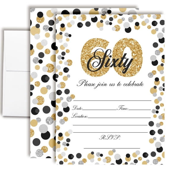 60th Birthday Party Invitations  Gold & Silver Confetti Design, Fill-In Cards with Envelopes, 5x7 Size, Set of 20