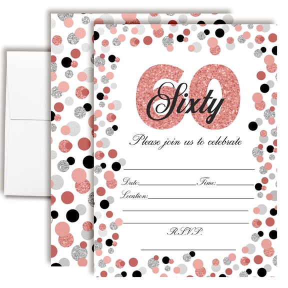 60th Birthday Party Invitations  Rose Gold & Silver Confetti Design, Fill-In Cards with Envelopes, 5x7 Size, Set of 20