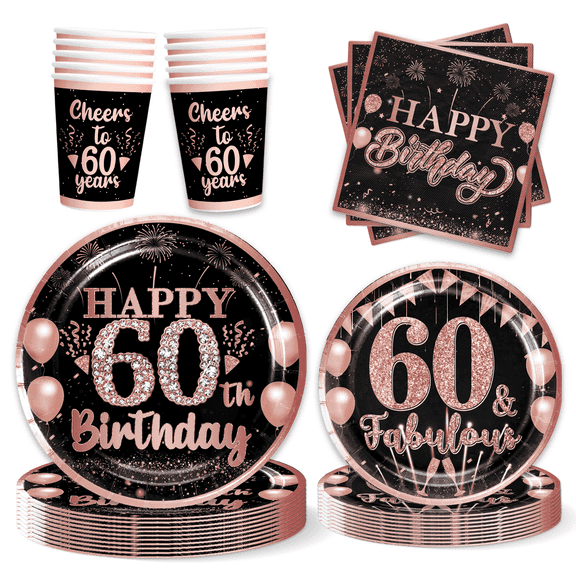 Morabloomy Black and Pink 60th Birthday Paper Plates Cups Napkins Tableware Set