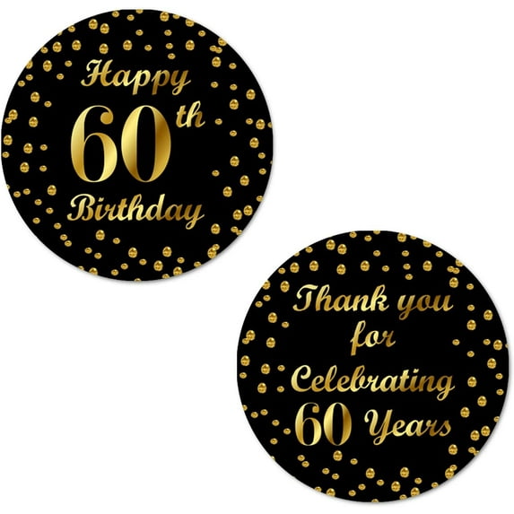 60th Birthday Round 2 Inch Big Glossy Stickers, Thank You for Celebrating 60 Years Black and Gold Labels, Great for Party Favors, Decorations, Tags, Gift Bags and Supplies