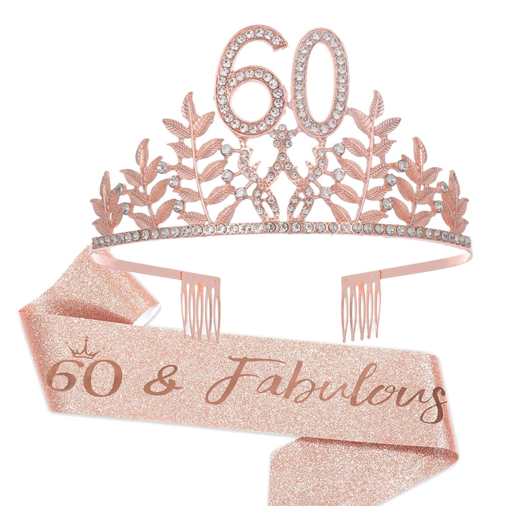 60th Birthday Sash and Crown hair band for Women, Birthday Crown for Happy 60th Birthday Party Decorations