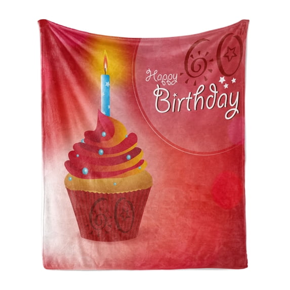 60th Birthday Soft Flannel Fleece Blanket, Abstract Sun Beams Backdrop Party Theme Cupcake with Frosting Image, Cozy Plush for Indoor and Outdoor Use, 50" x 70", Ruby Red and Orange, by Ambesonne