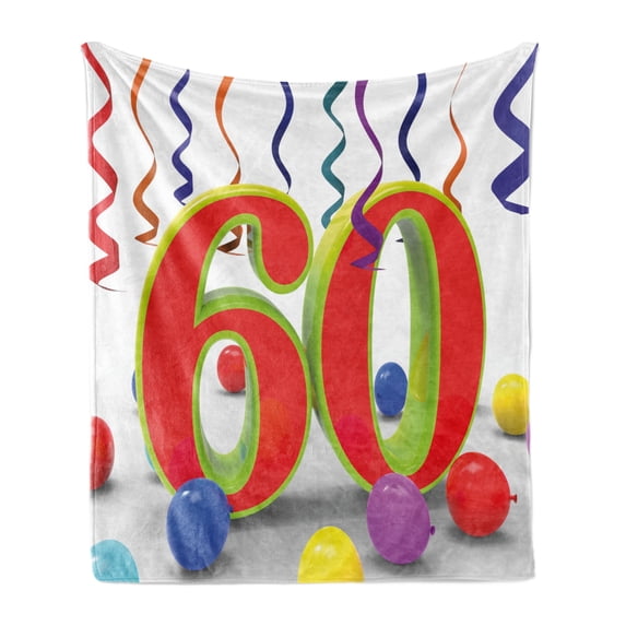 60th Birthday Soft Flannel Fleece Throw Blanket, Party Swirls with the Baloons Ribbons and Green Orange 60 Number, Cozy Plush for Indoor and Outdoor Use, 50" x 70", Multicolor, by Ambesonne
