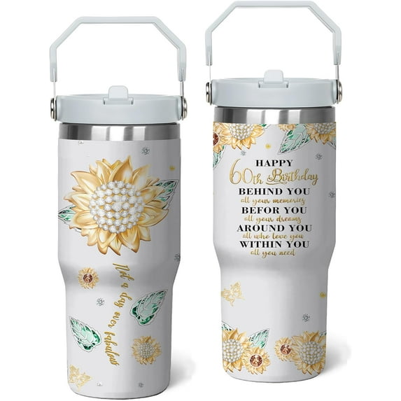 60th Birthday Tumbler with Handle & Straw, Birthday Gifts Stainless Steel Cups 30 Oz, 60 Year Old Birthday Gifts for Girls, 60th Birthday Decorations, Happy 60th Birthday Gifts for Women