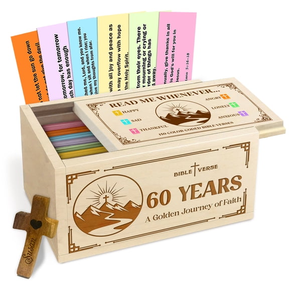 60th Birthday Wooden Bible Verse Box, Maple Wood Prayer Box with 150 Color Coded Scripture Cards & Personalized Handheld Cross, Faith Keepsake Gift for Daily Reflection