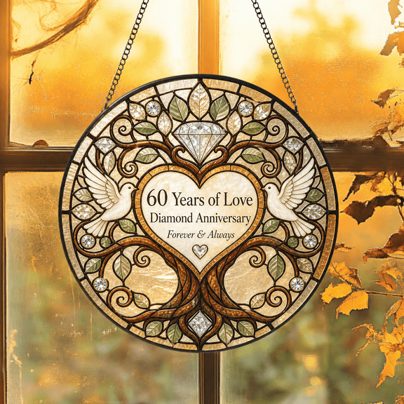 60th Diamond Anniversary Tree Stained Glass Suncatcher Window Hanging for Couples