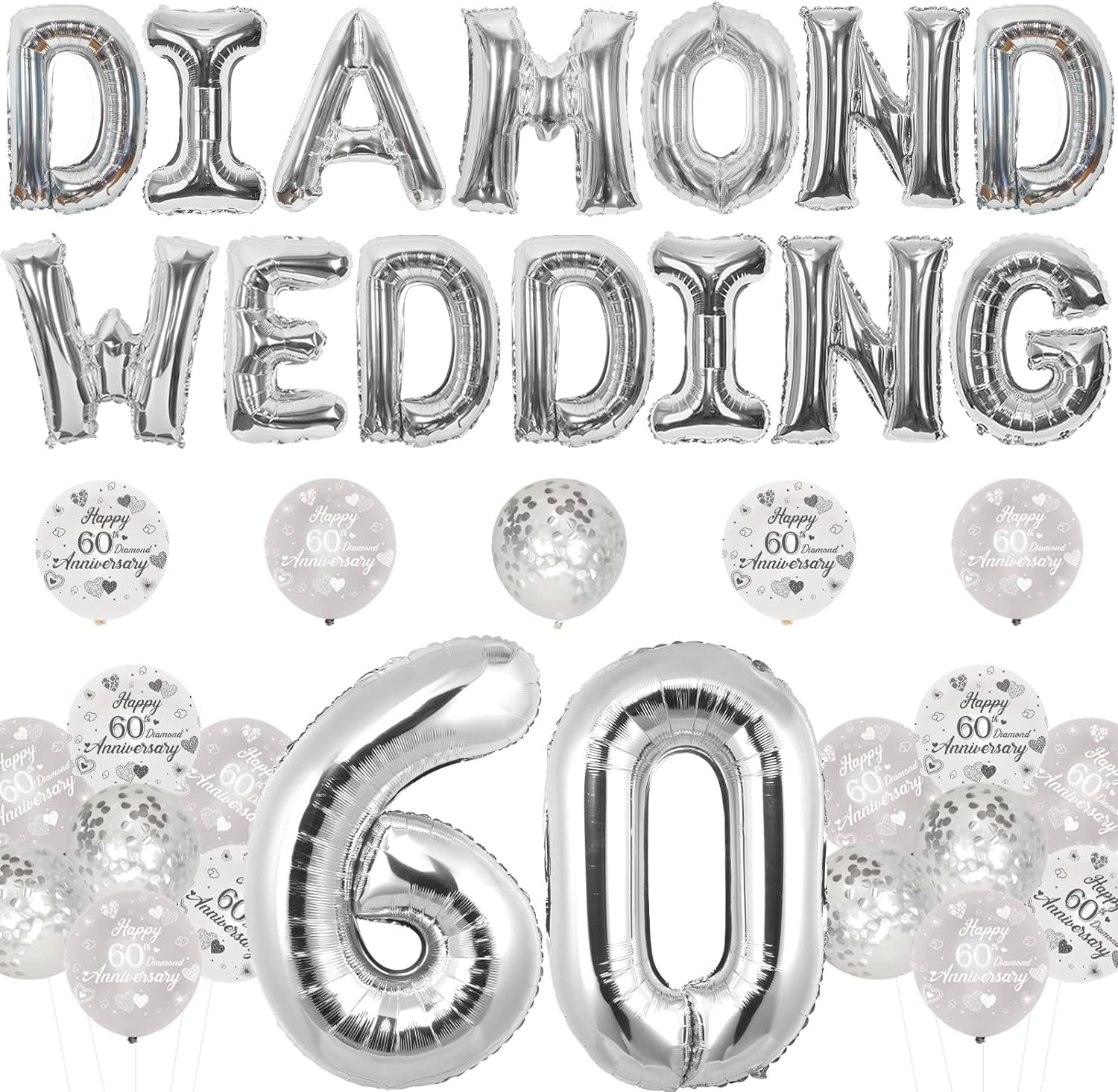 60th Diamond Wedding Anniversary Decorations - Diamond Wedding Balloons Banner, 60th Anniversary Printing Balloons, 60 Foil Number Balloons, Happy 60th Diamond Anniversary Decorations